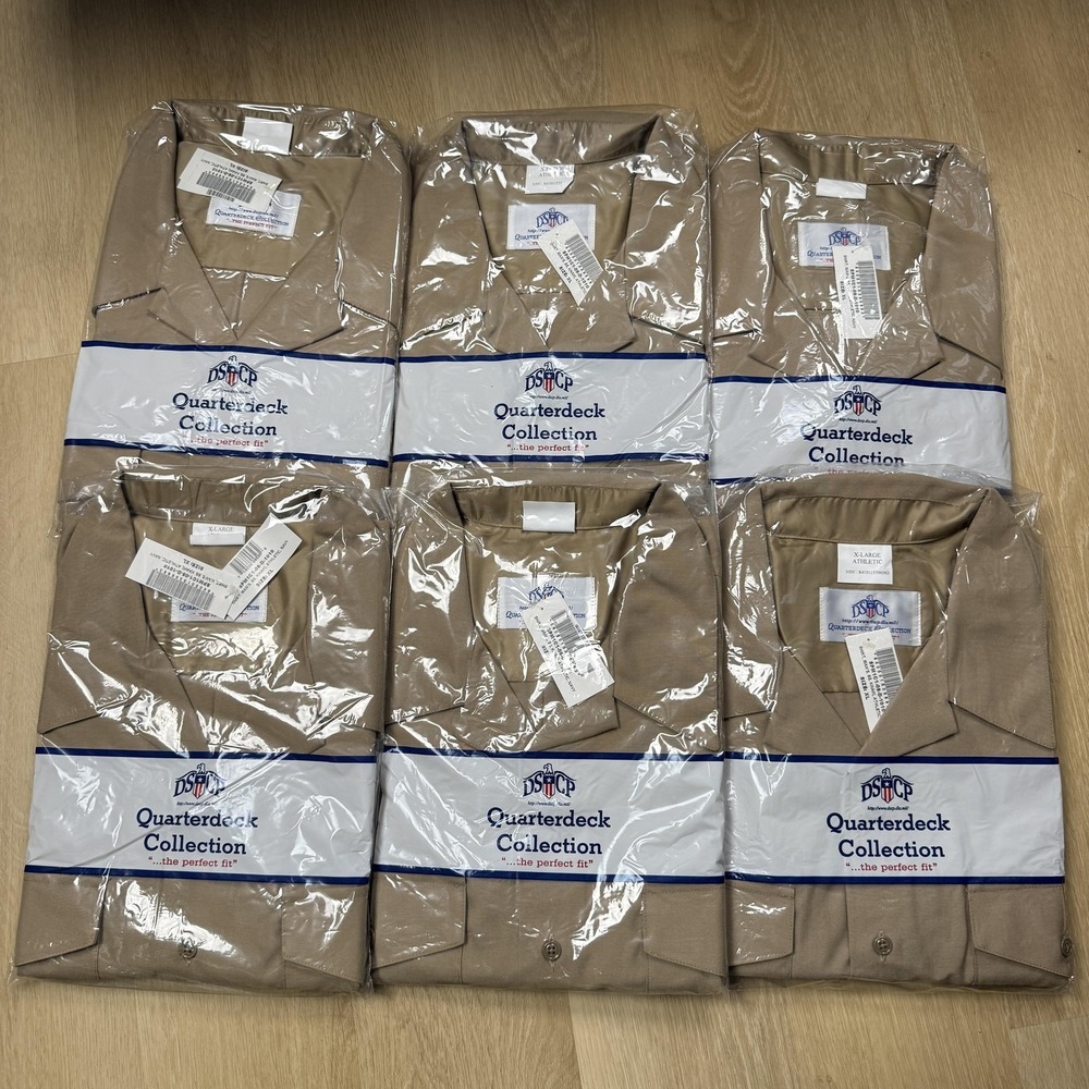 Quarterdeck Shirt Mens XL Beige Short Sleeve Navy Dress Athletic Fit LOT OF 6